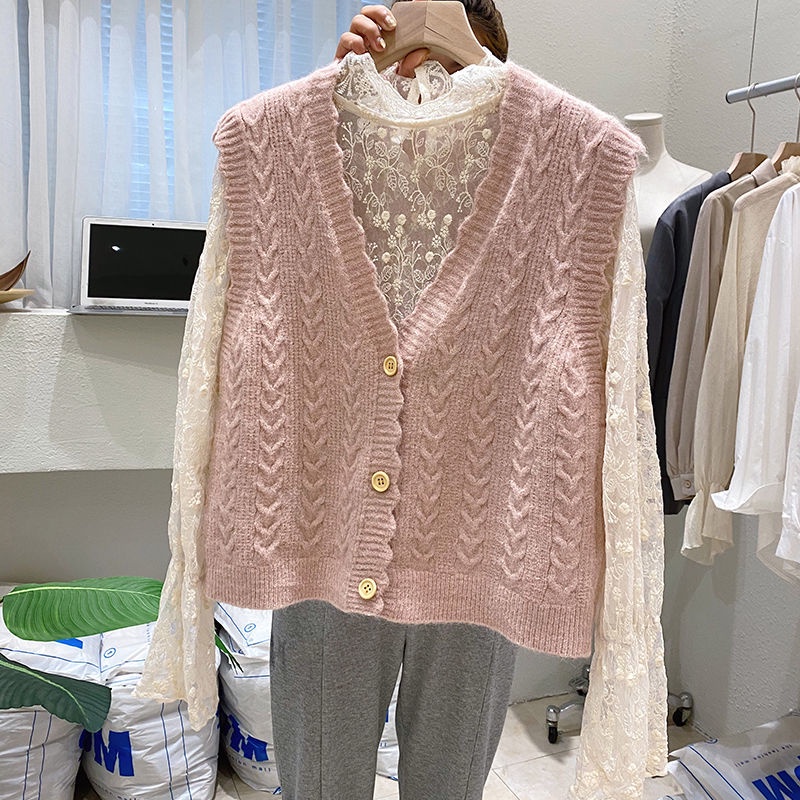 Áo sweater dệt kim cổ chữ v phối ren dễ phối đồ cho nữ
