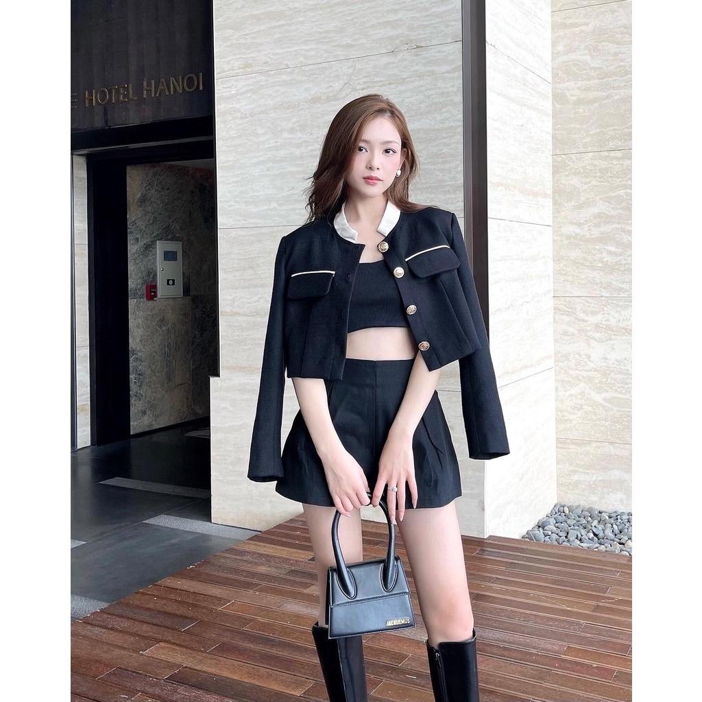 Áo Dạ Croptop Hai Màu Đen Trắng Chất Dày Dặn Stella Croptop - Hàng Chất Lượng Cao Jolie