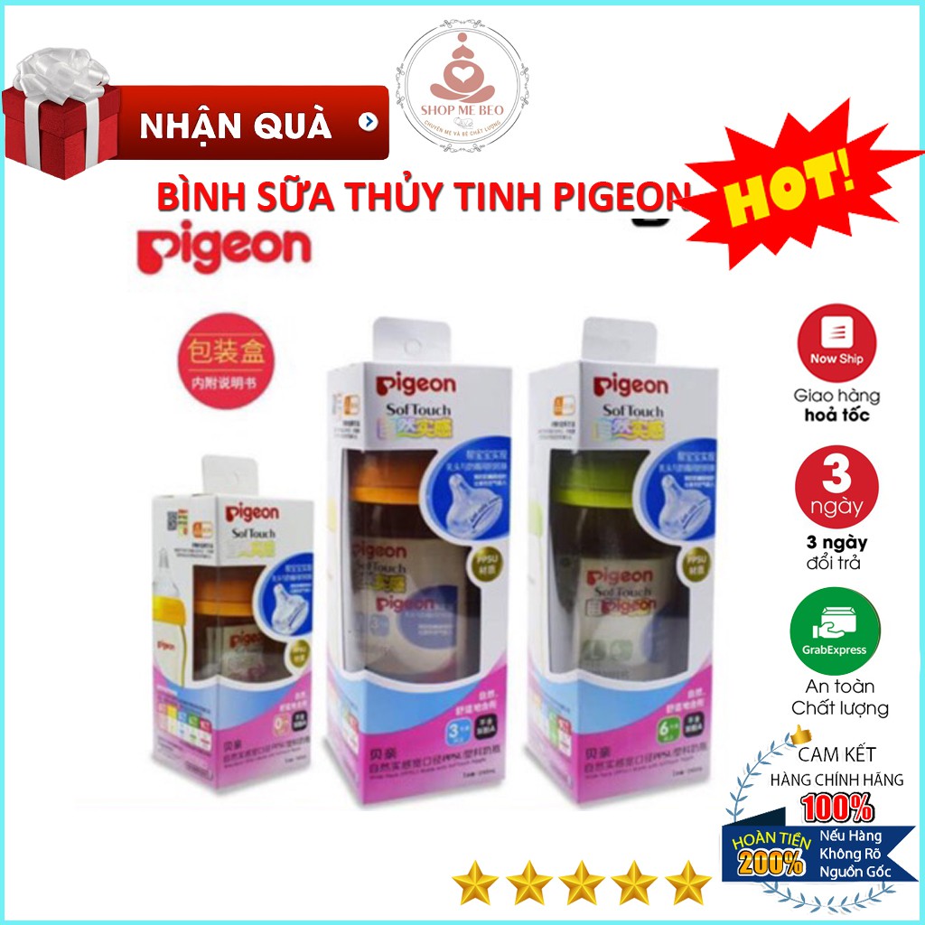 [ĐỦ SIZE] Bình Sữa Thủy Tinh Pigeon Nội Địa Nhật 160ml/240ml