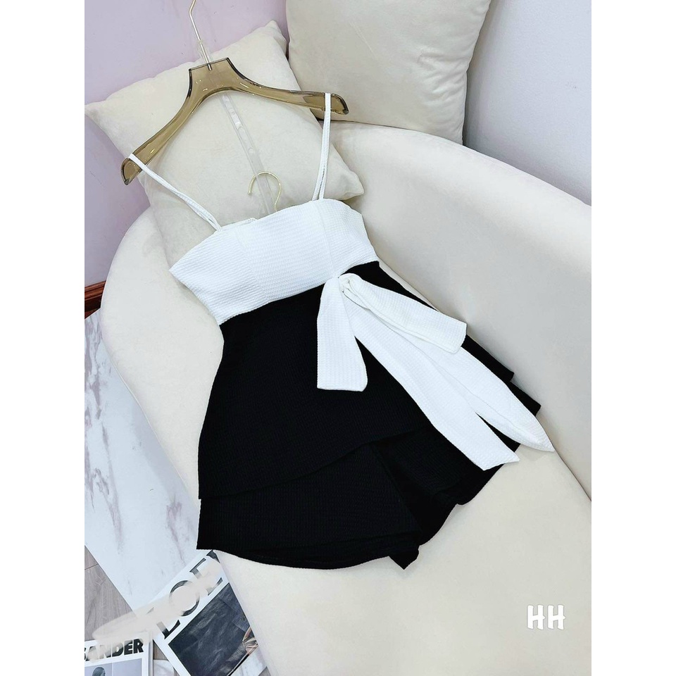 [ 8.8 Sales Freeship] Đầm nữ 2 dây phối màu đính nơ eo tiểu thư, đầm bánh bèo xòe thắt nơ cực xinh xắn