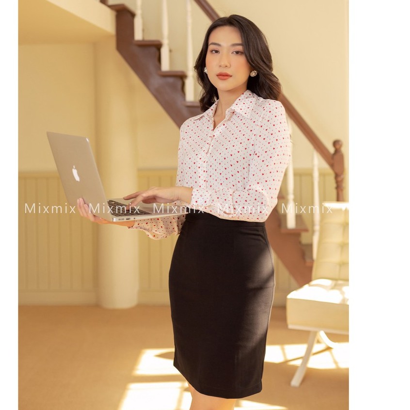 Áo sơ mi nữ họa tiết tim nhí - MIXMIX - Hàng thiết kế - Hình ảnh độc quyền shop tự chụp