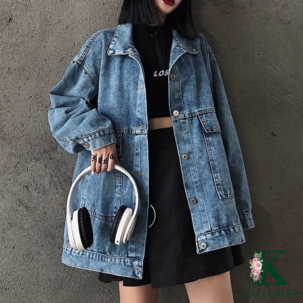 Áo khoác jean nữ màu xanh và đen dài tay phom rộng cổ sơ mi Unisex phong cách Ulzzang Hàn Quốc cá tính cho nam chất đẹp