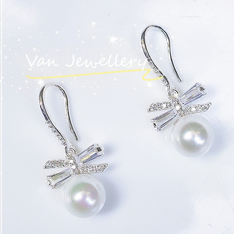 Bông tai bạc ta 925 Bông Nơ đính đá mix Ngọc Trai nhân tạo Van Jewelry V10393