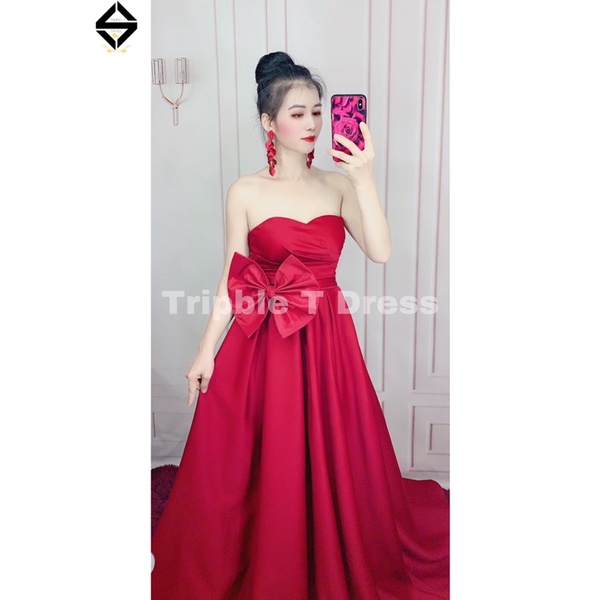 Đầm maxi cúp mặc cưới đi bàn TRIPBLE T DRESS xếp ly nơ eo - size S/M/L - MS193Y