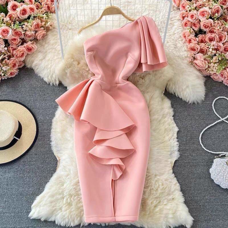 Đầm body lệch 1 vai nhún bèo chất poly TRIPBLE T DRESS