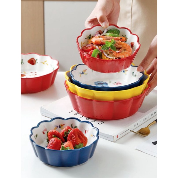 Đĩa sứ tròn tráng men vẽ tay phong cách Nhật decor phòng bếp gốm sứ bát đĩa trang trí lenhome bát nướng dâu đỏ