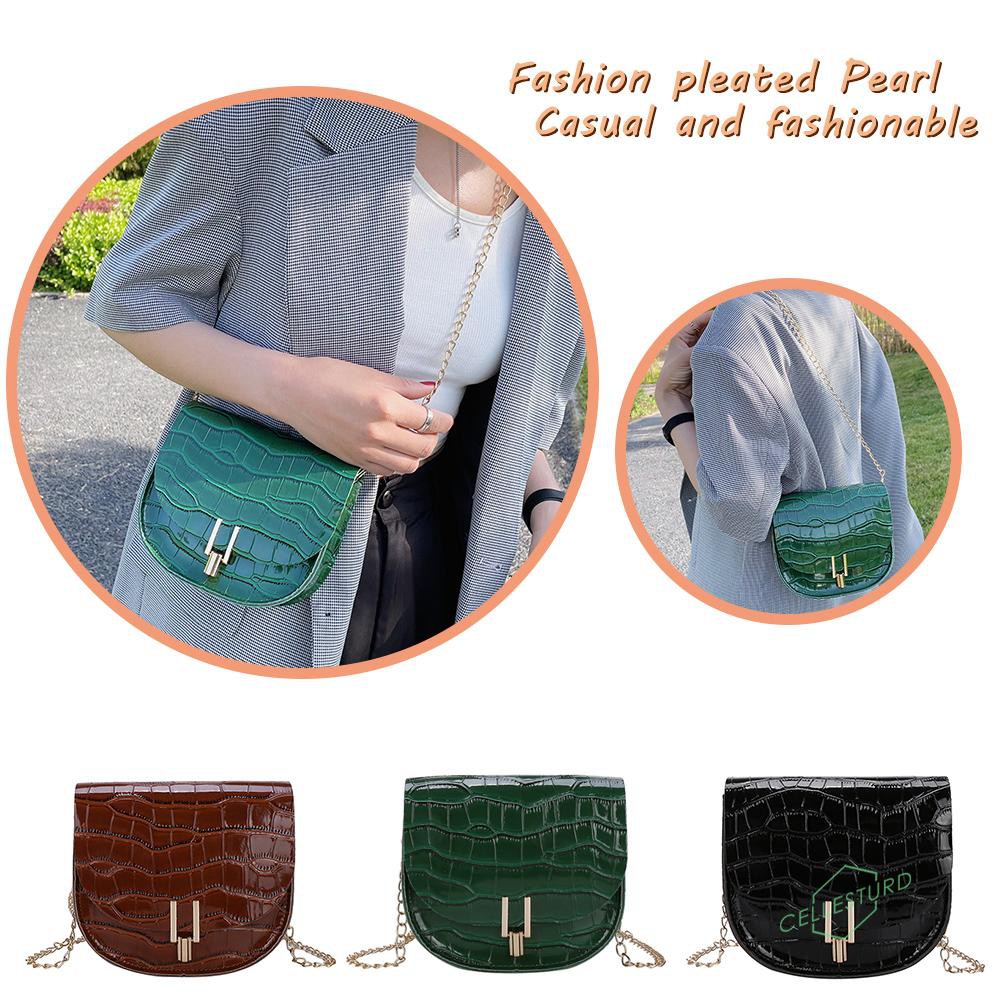 「CS」 Fashion Women Stone Pattern PU Crossbody Bag Casual Chain Mini Saddle Purse