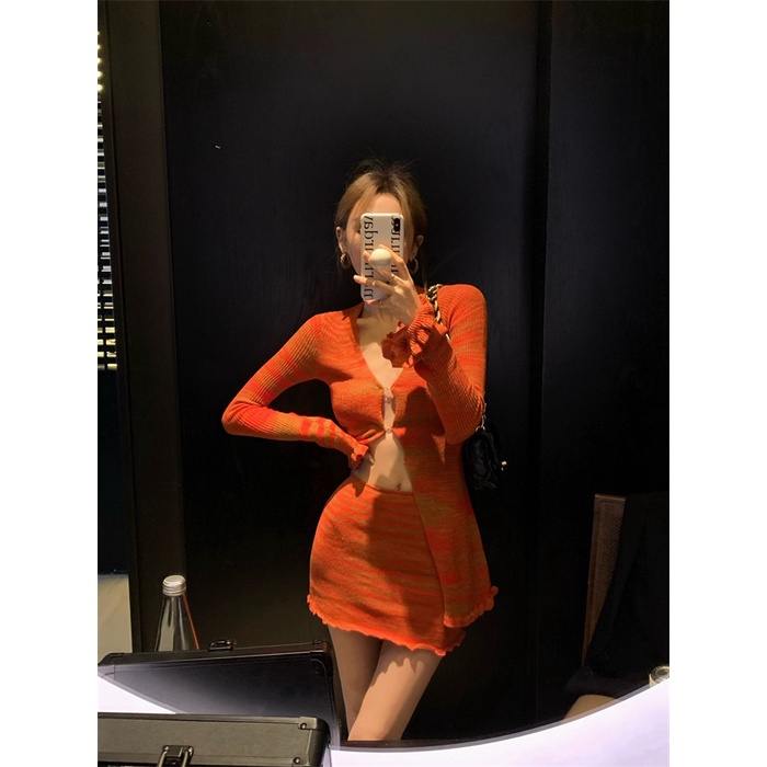 Cocory vn Áo Dệt Kim Tay Dài / Chân Váy Chữ A Lưng Cao Thời Trang Quyến Rũ Cho Nữ