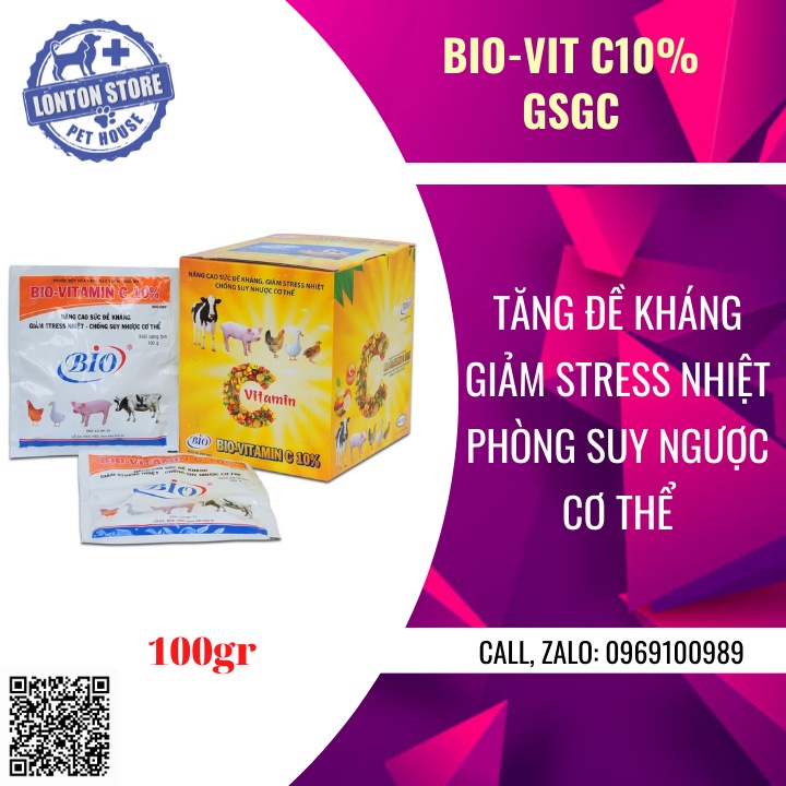 BIO Bio Vitamin C10%, Tăng sức đề kháng, giảm stress nhiệt, phòng suy nhược cơ thể cho gia sức gia cầm, gói 100gr