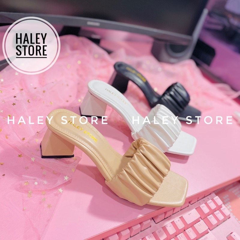 Giày Guốc nữ HALEY STORE bèo nhúm quai ngang mũi vuông gót vuông đi chơi tiệc du lịch tiểu thư thời trang rẻ bền đẹp