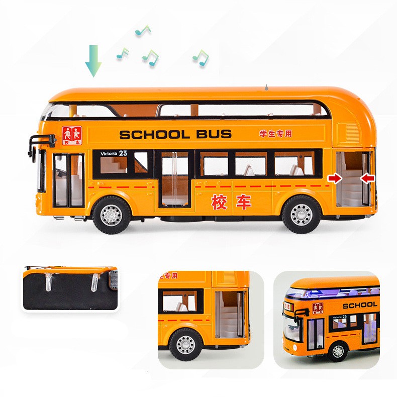 Simulation double-layer school bus color box pull back sound and light alloy car model children's toy