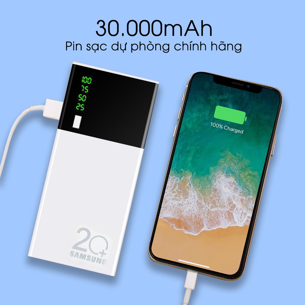 Sạc Dự Phòng 30000mAh Tích Hợp Sạc Nhanh Fast Charge Mặt Kính hiển thị pin. 2USB Có Đèn nhỏ gọn siêu tiện lợi