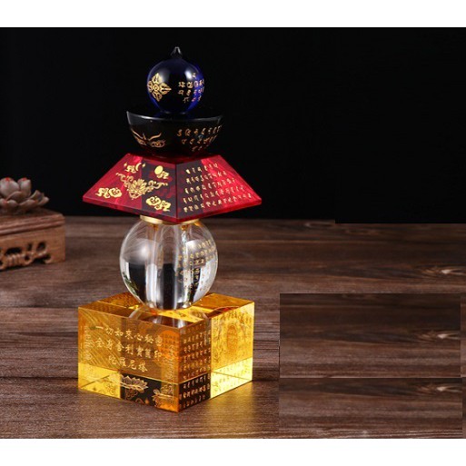 Tháp xá lợi Phật cao 14cm, bằng pha lê màu, khắc Kinh Bảo Khiếp Ấn Đà La Ni