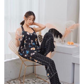 Bộ lụa áo dây hoạ tiết quần dài cao cấp siêu xinh