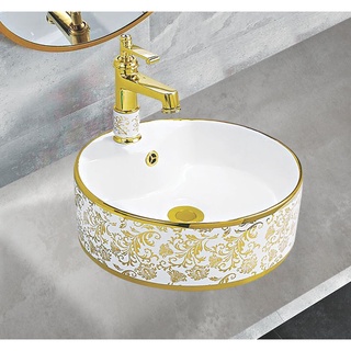Chậu sứ men trắng, lavabo sứ trắng, chậu lavabo đặt bàn mạ vàng chính hãng EVEREST EVE-L6017