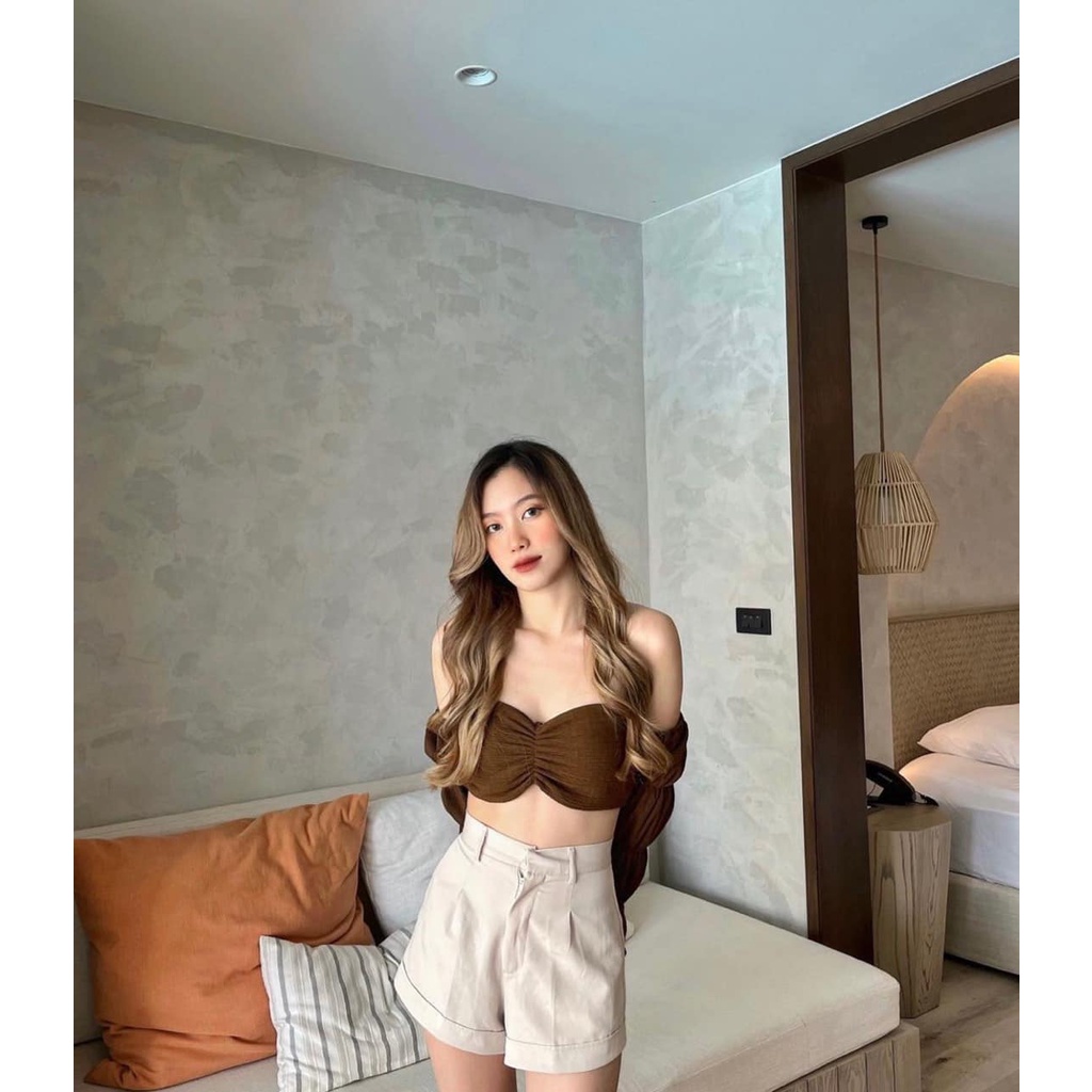SET ÁO CROPTOP NHÚN NÂU TÂY TRỄ RỚT VAI TAY DÀI CỌT DÂY SEXY+QUẦN SHORT NGẮN LƯNG CAO NUDE CHÂN ỐNG RỘNG ULZZANG