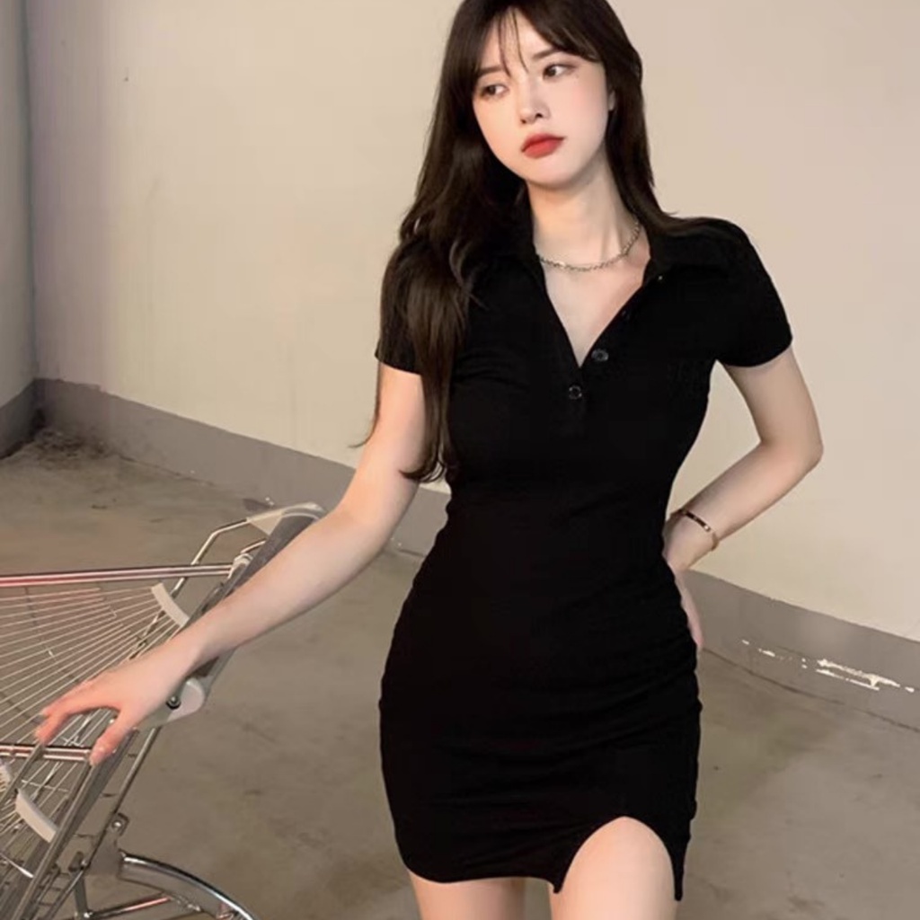 Đầm body dáng ngắn xẻ tà , cổ cúc POLO chất vải thun co giãn CRT17