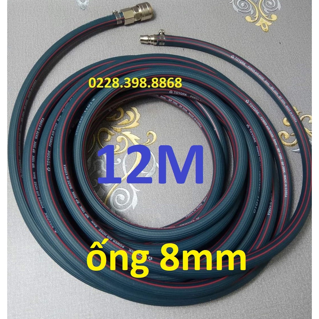 Dây hơi cao su bố vải 12m, made in Korea, lỗ 8mm, kèm bộ đầu nối nhanh cao cấp (SS1983) (SS6704)