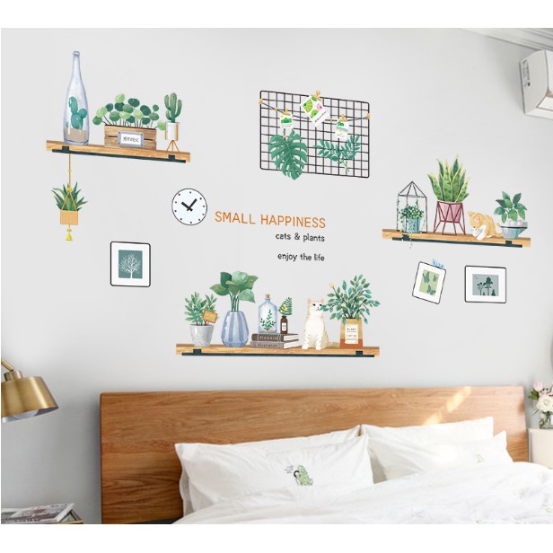Decal dán tường trang trí kệ chậu cây xanh