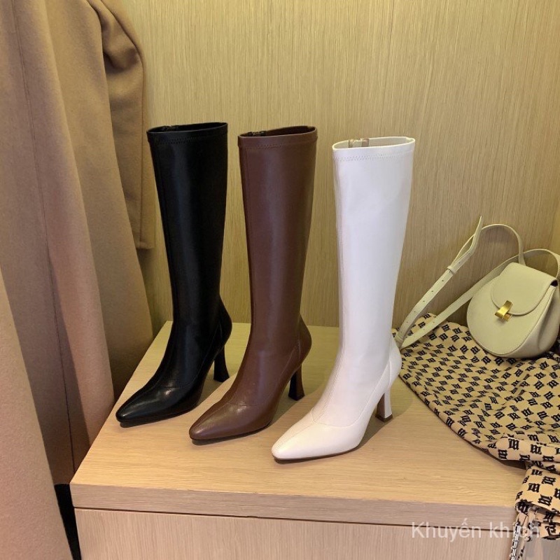 Giày Bốt Đùi Nữ Đầu Gối Boots Cao Chất Da PU Khoá Kéo Cạnh Sườn Mũi Nhọn Gót Khoảng 7 Phân Sang Chảnh Boost Hàn
