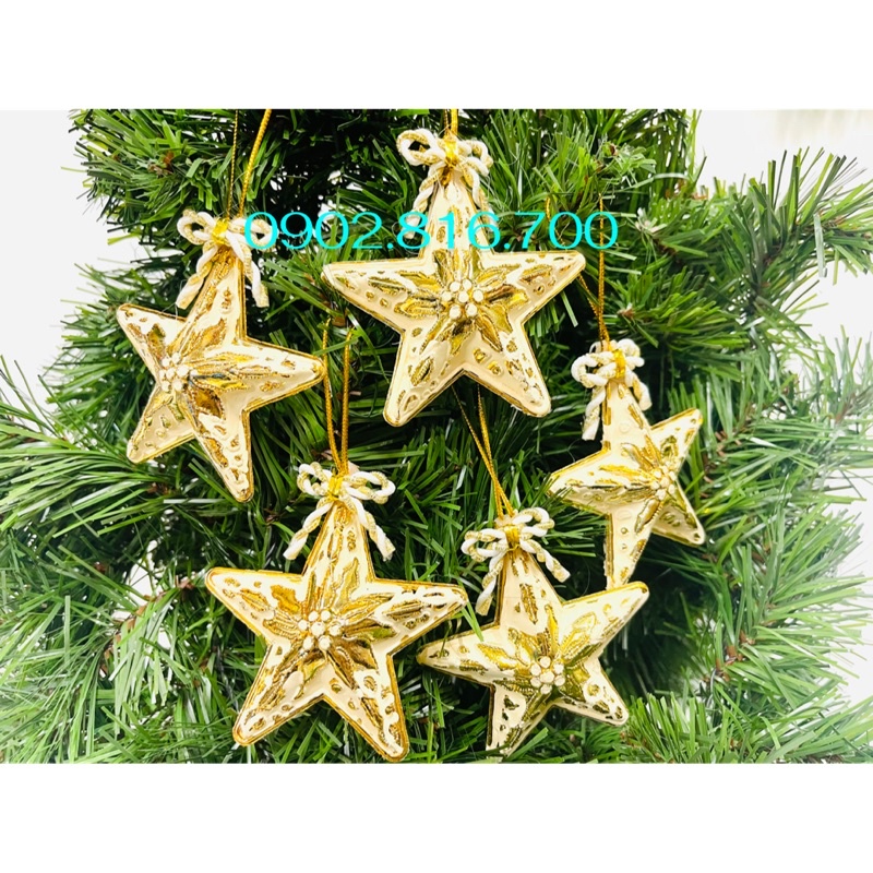 Sét 5 ngôi sao vàng khắc hoa văn nổi phụ kiện trang trí vòng nguyệt quế - cây thông noel giáng sinh