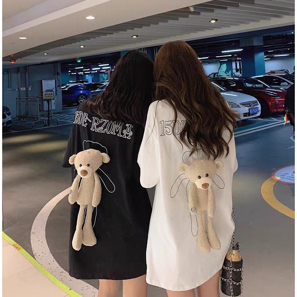 Áo Gấu BEHIND Dài Tay Nữ [FREESHIP]  Nỉ bông teddy treo sau lưng form rộng oversize màu TRẮNG | ĐEN Ulzzang HOT