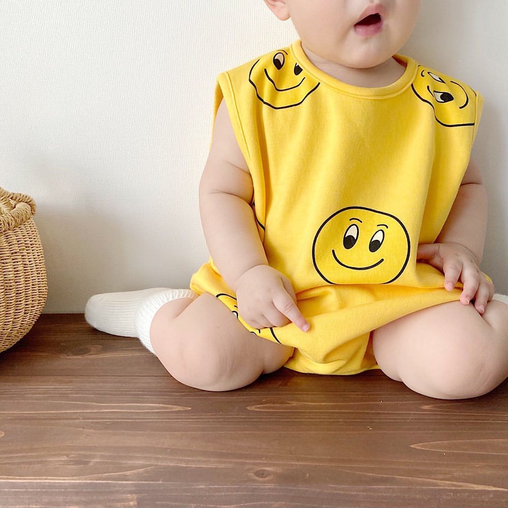 Bộ Áo Liền Quần Sát Nách In Hình Mặt Cười + Băng Đô Đáng Yêu Cho Bé Sơ Sinh