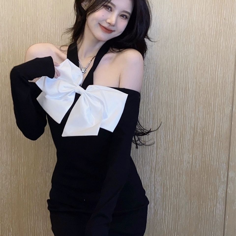 COZOK Đầm Tay Dài Trễ Vai Đính Nơ Kiểu Dáng Quyến Rũ