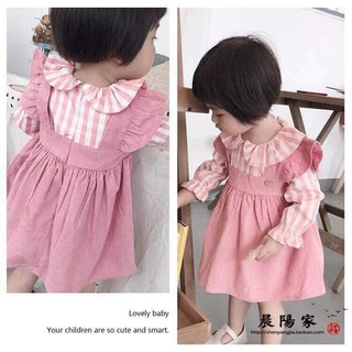 Set váy kẻ yếm nhung bé gái