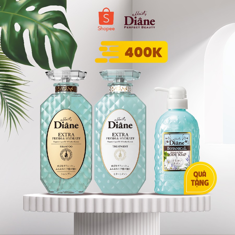 Bộ 3 gội xả kiềm dầu Moist Diane Extra Fresh &amp; Hydrate 450mlx2 + Sữa tắm Moist Diane 500ml