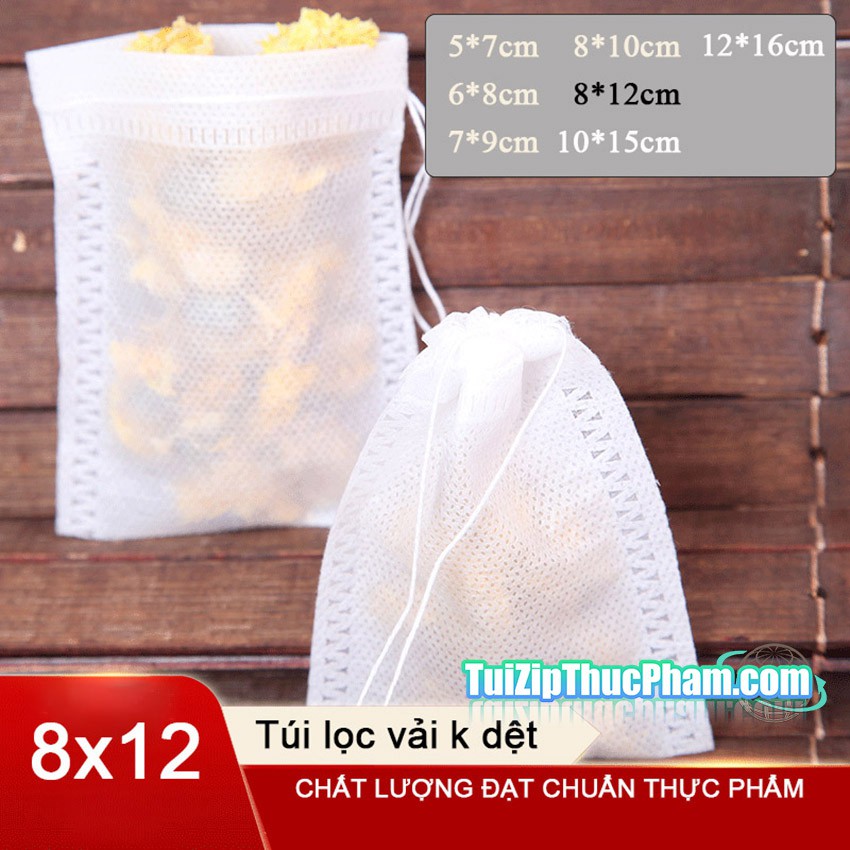 Túi lọc trà, gia vị 8x12 cm, 20-30g bột mịn chất liệu vải không dệt chuẩn thực phẩm, kèm dây rút giá xưởng 100 túi