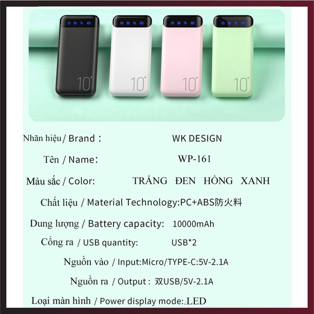 Cục sạc dự phòng cho iphone chính hãng 10000mAh WK DESIGN WP-161 thiết kế đơn giản, chip thông minh, nhiều màu độc lạ