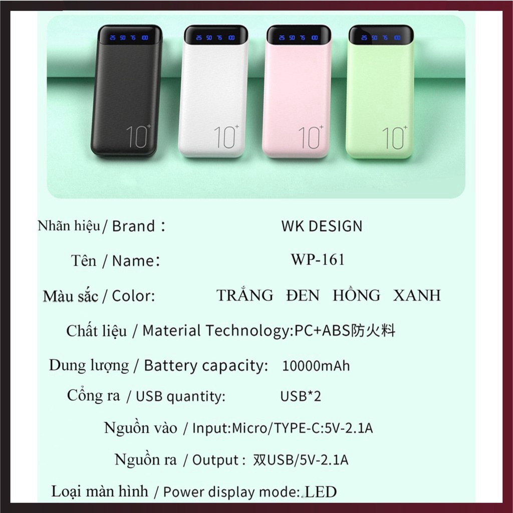 Sạc dự phòng 10000mAh 20000mah WK DESIGN WP161 WP163 pin dự phòng mini có đèn led - SATOPA OFFICIAL