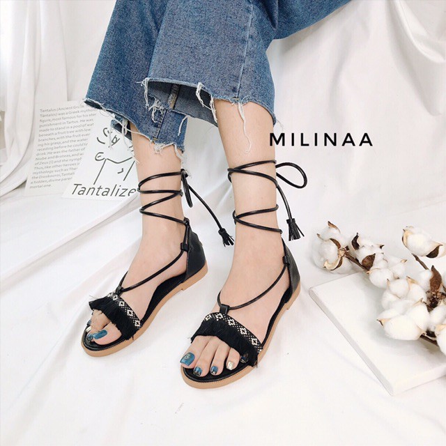 [Drop] Giày sandal thổ cẩm buộc dây màu đen phong cách boho