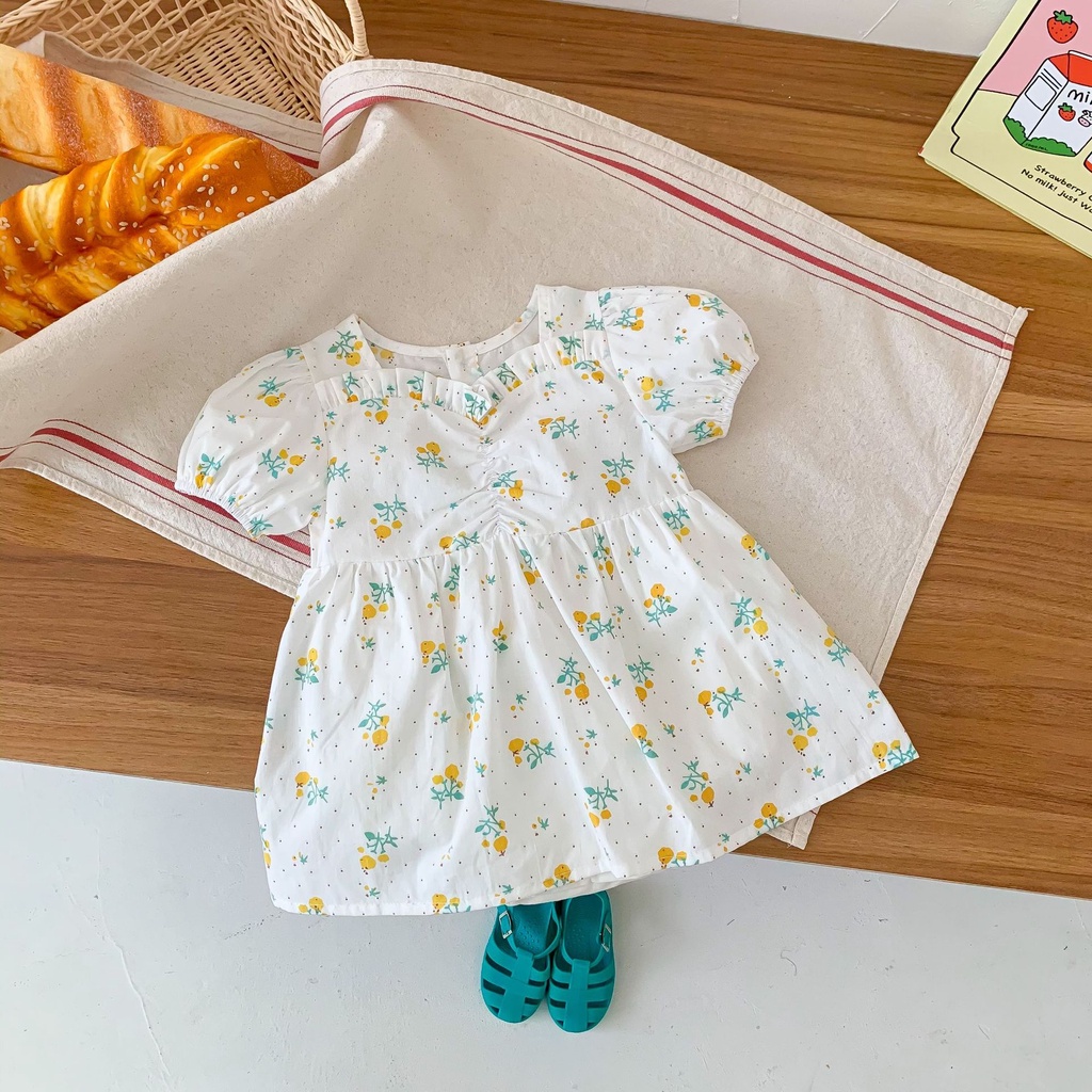 Bộ Áo Liền Quần Tay Phồng In Họa Tiết Cherry Hoạt Hình Dễ Thương Thời Trang Mùa Hè Cho Bé Gái 0-24 Tháng Tuổi