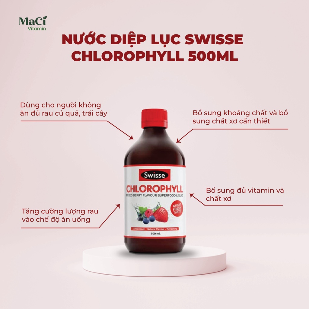 Nước diệp lục Swisse Chlorophyll Bổ sung vitamin, bổ sung chất xơ 500ml MaCi