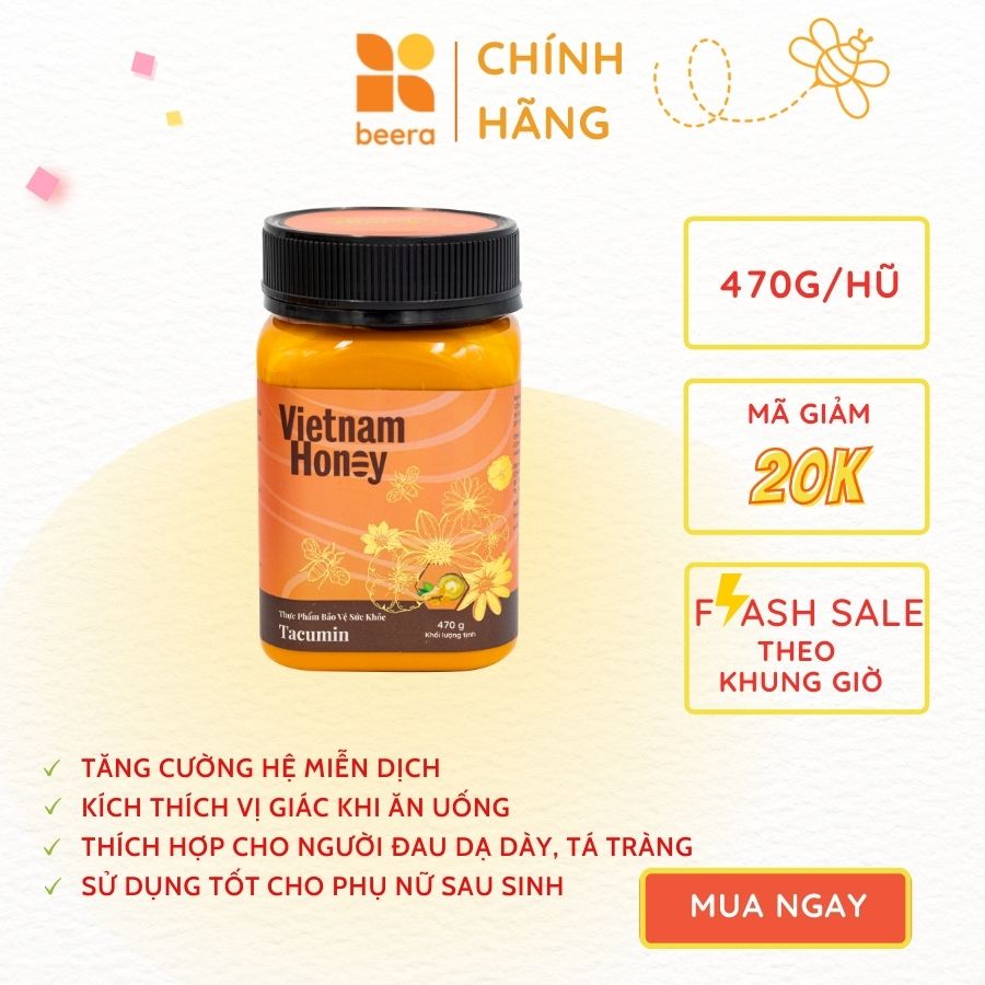 TOP1[Mua 2 giảm 15] Mật ong Nghệ sữa chúa Tacumin Vietnamhoney Beera hỗ trợ giảm viêm loét dạ dày, tá tràng(1 lọ x 470g)