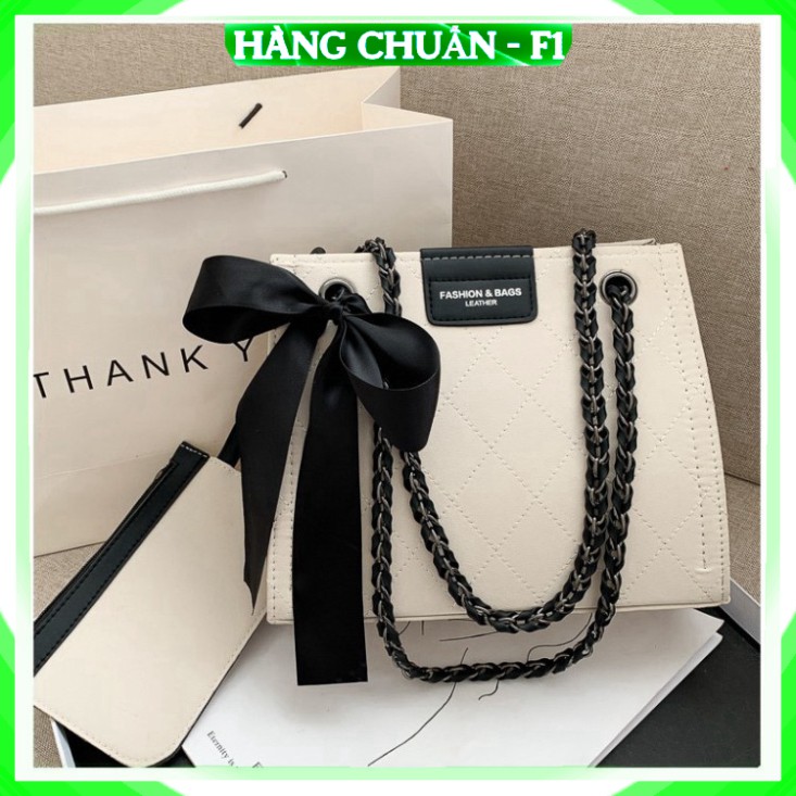 ❤𝑭𝑹𝑬𝑬𝑺𝑯𝑰𝑷 ❤ Hàng Cao cấp - Túi xách Túi đeo chéo nữ Da vân phối nơ xinh Màu đen trắng Cao cấp công sở đi làm