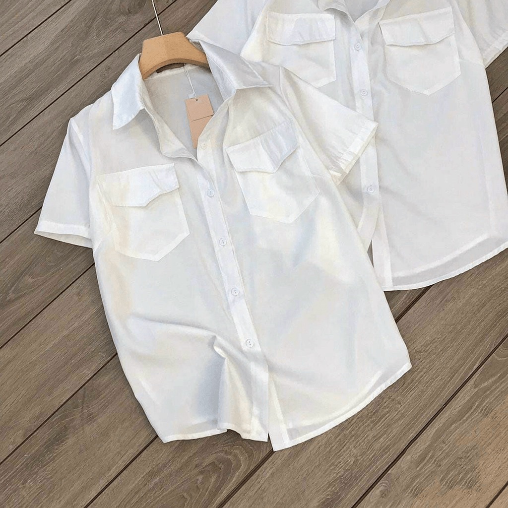 Áo Sơ Mi Nữ tay Ngắn Cổ Bẻ 2 Túi Ngực Chất Lụa Mịn Mát Mặc Đẹp Siêu Xinh [NEW UNISEX]