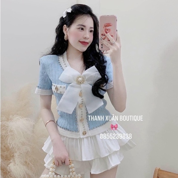 Áo len mongtoghi LINH RUBI STORE cổ tim đính đá tay cộc, gắn nơ siêu xinh A148