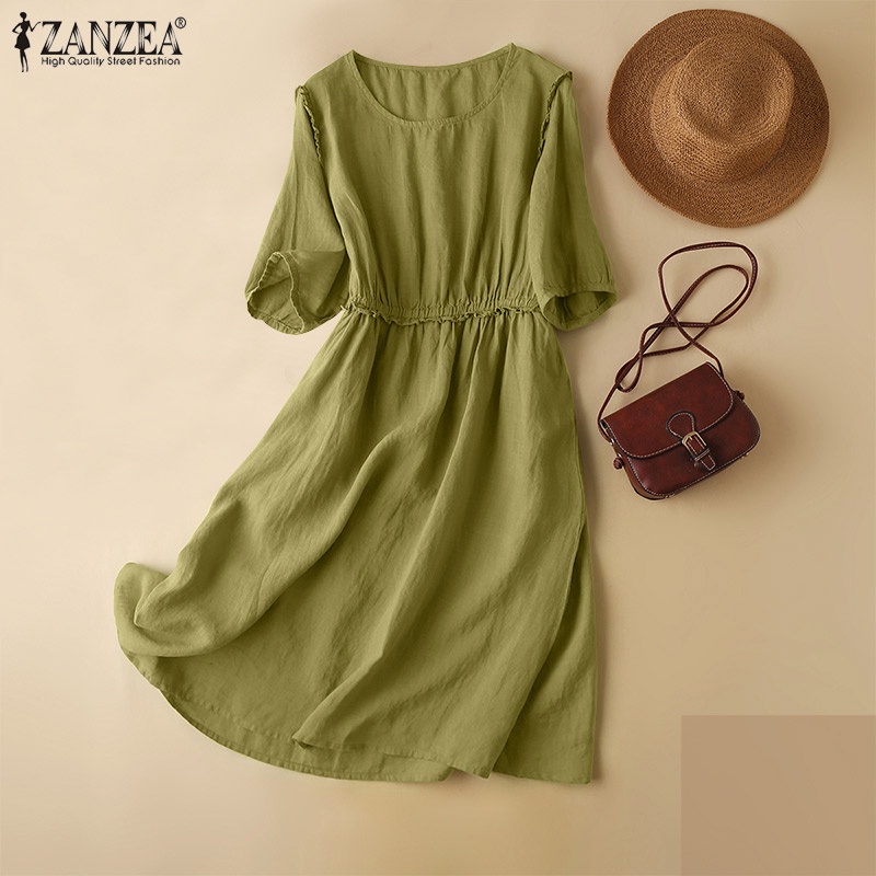 Zanzea Đầm Xòe Tay Lửng Cổ Tròn Thời Trang Dành Cho Nữ