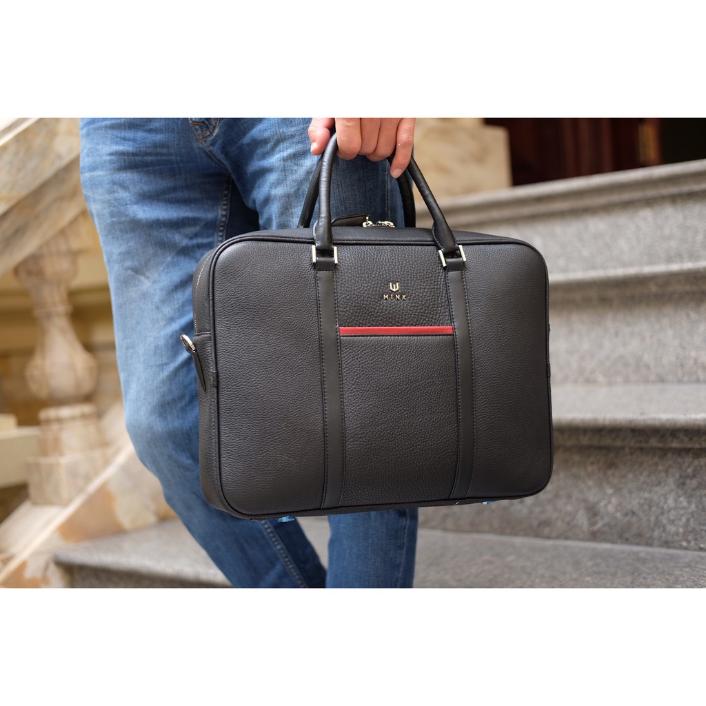 LEO briefcase-Cặp laptop nam da bò thật nguyên tấm lớp 1 cao cấp MINK Leather màu Đen IS85-10