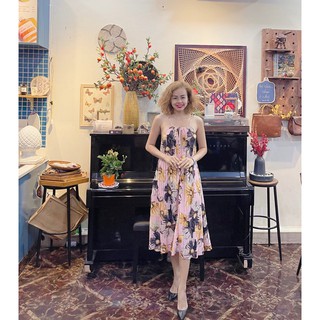 Đầm maxi cổ yếm xếp ly họa tiết hoa + vedeo ảnh thật