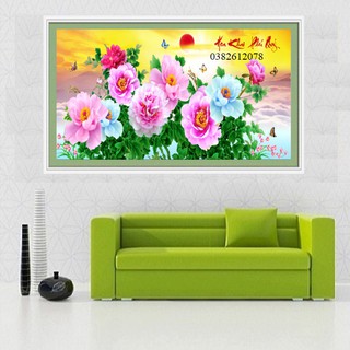 110*55Cm Tranh đính đá Hoa Khai Phú Quý,Tranh đính đá 3D chưa đính LV408, Tranh đính đá Hoa mẫu đơn