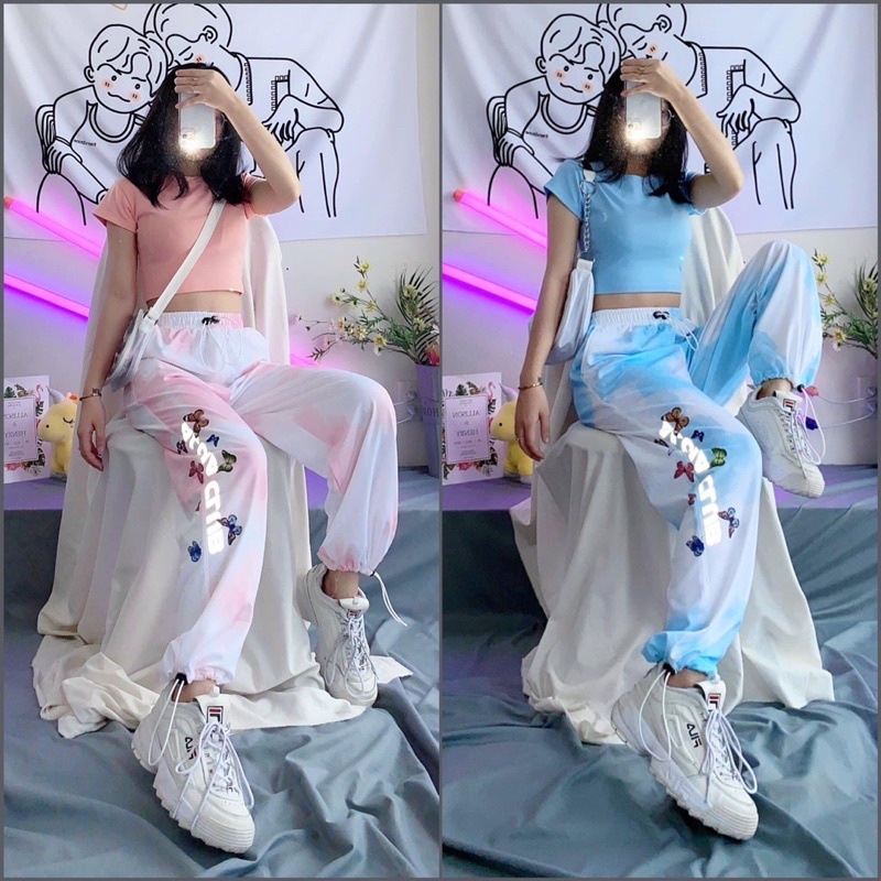 Set Bộ Quần LongPant TIEDYE Loang Màu Phản Quang-Croptop Body Trơn