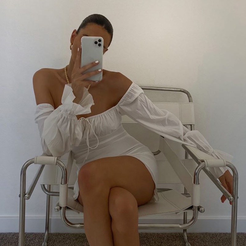 DUNEA  Ins Trendy Autumn Women Long Puff Sleeve Off-shoulder Mini Dress