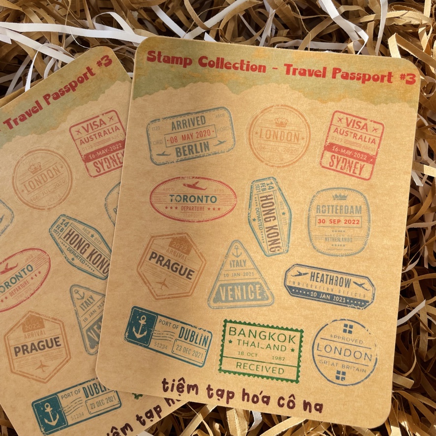 Sticker/hình dán tem du lịch giấy Kraft cổ điển/ vintage travel stamps - bullet journal,planner,sổ - tiemtaphoacona