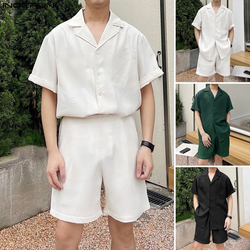 Bộ INCERUN áo sơ mi ngắn tay + quần đùi màu trơn kích thước S-5XL trẻ trung cho nam