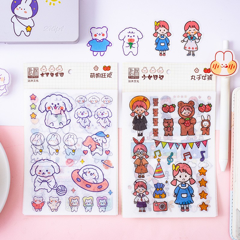 Sticker set 4 miếng họa tiết dễ thương, trang trí đồ dùng học tập