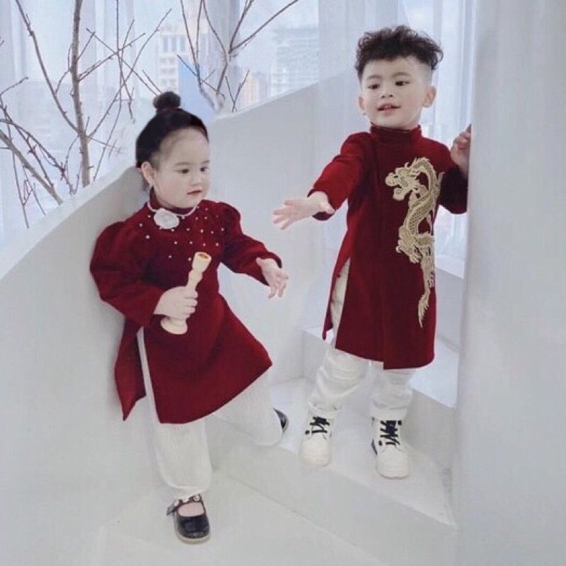 (có kèm mấn) Áo dài cách tân nhung đỏ cho bé